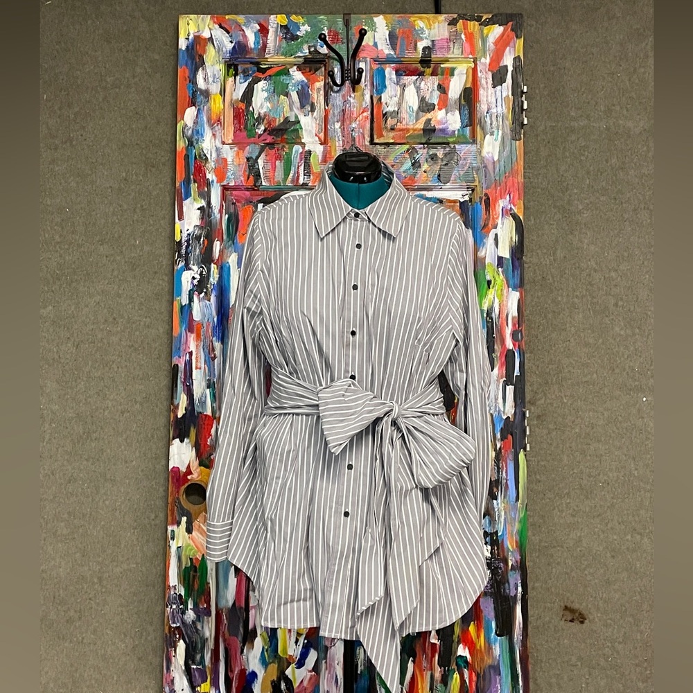 Lane Bryant Gray White Striped Oxford Shirt Tie Waist Womens Plus Size 20